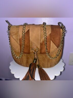 Madden Girl Brown Suede & Leather Patchwork Crossbody with Tassels